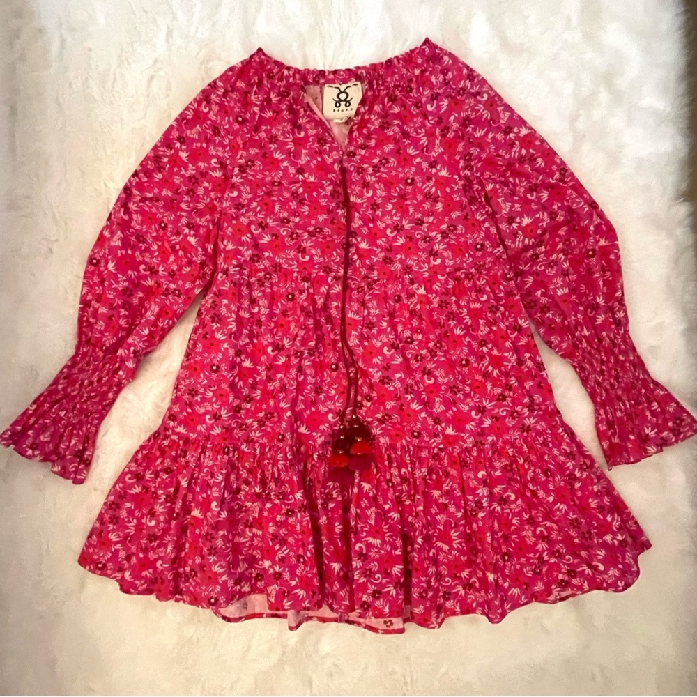 FIGUE Bella French Pink Floral Print Tiered Cotton Mini Baby Doll Dress - Picture 3 of 16